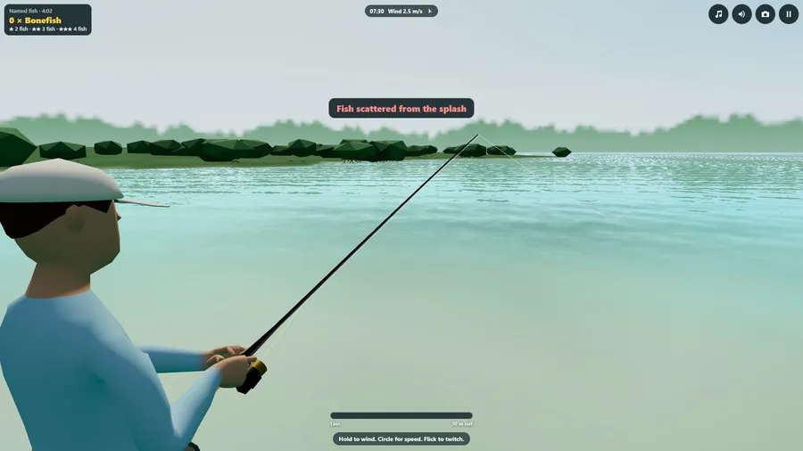 Over the shoulder of an angler wading pale green tropical flats, rod up and line out, mangroves along the shore.