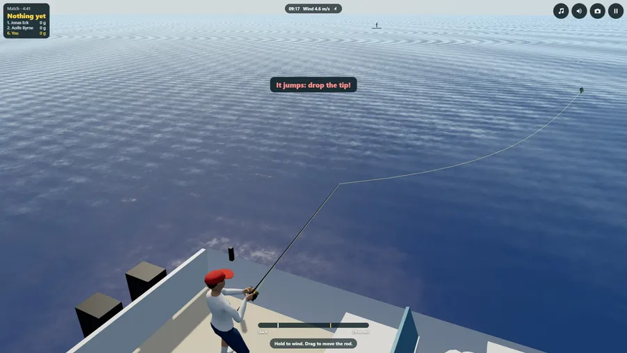 From above and behind a sport boat on blue water: the angler leans back as a hooked fish jumps far out to the right.