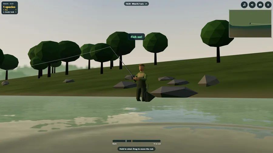 From water level on a stony river: a wading angler in green plays a running fish, rod bent, trees on the bank behind.