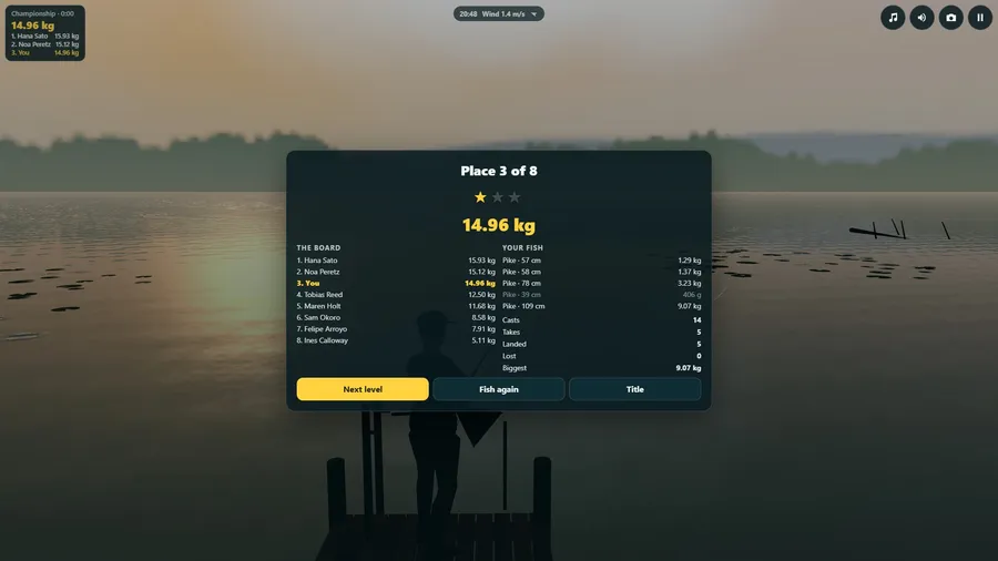The results of a championship on the lake at dusk: your place among eight anglers, the bag weight and each fish listed.