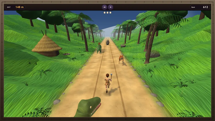 Flint sprints a sunlit jungle track as a tyrannosaur snaps at his heels, a raptor and a stegosaur blocking the lanes ahead