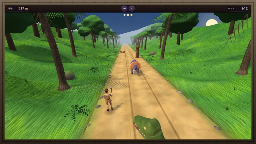 The same jungle run with Japanese labels: 距離 517 m and ベスト 612, Flint swerving clear of a charging triceratops