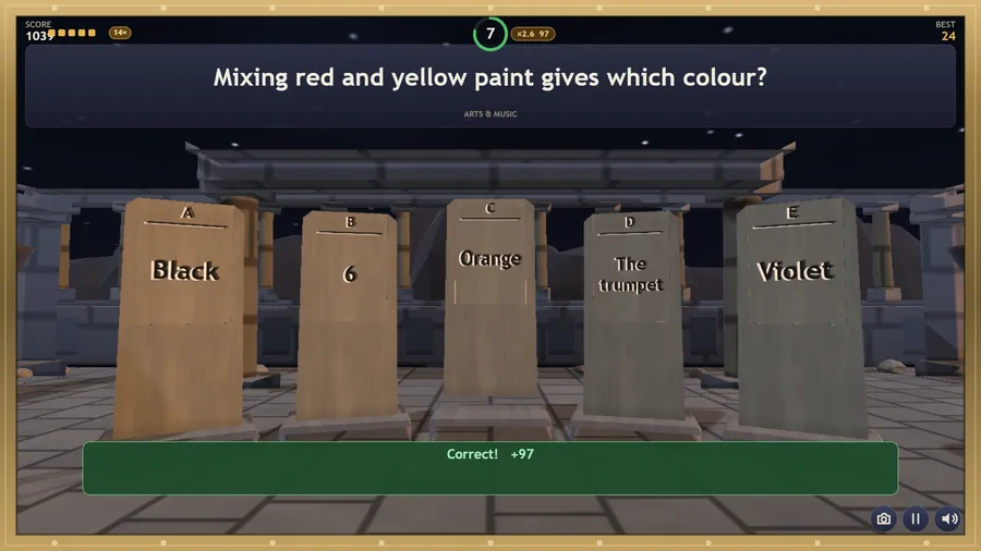 Stone C, Orange, lifted and lit from its socket, Correct! +97 below it, on a board of five stones.