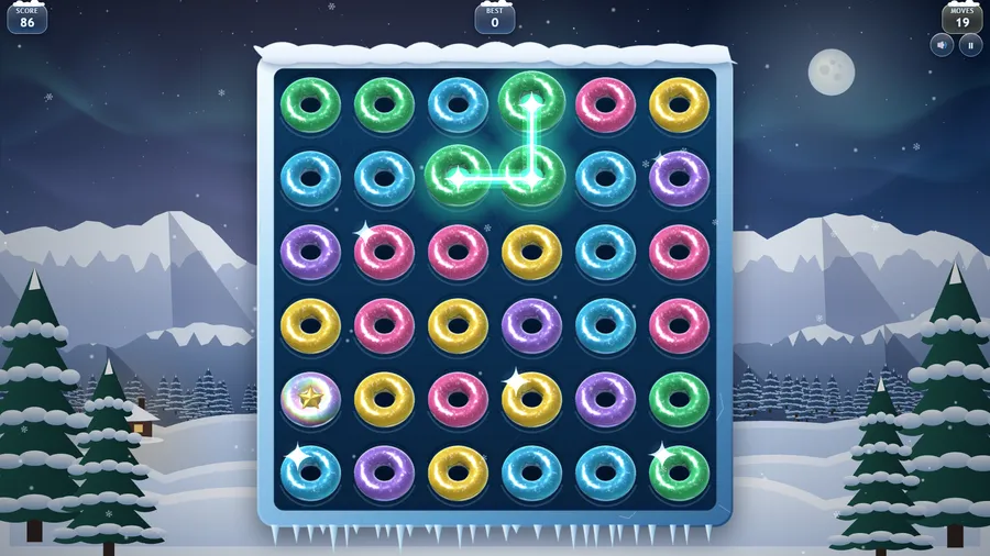 A glowing chain of four green rings being dragged on the 6x6 frosted board, score 86 with 19 moves left.