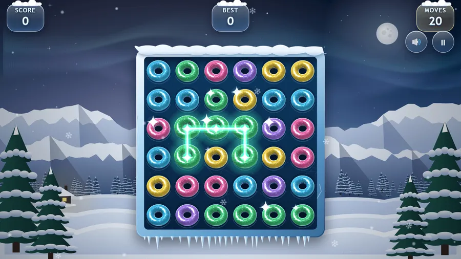 A six-by-six ice tray of glazed donut rings with five green ones linked by a glowing chain; Score 0, Best 0, Moves 20