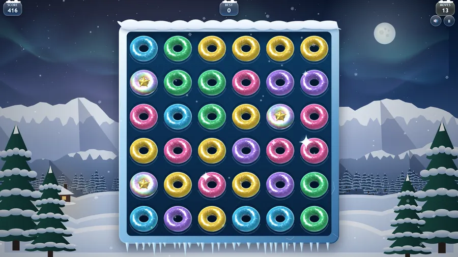 A refilled board with blue, yellow, green and pink rings and star rings, score 416 and 13 moves left.