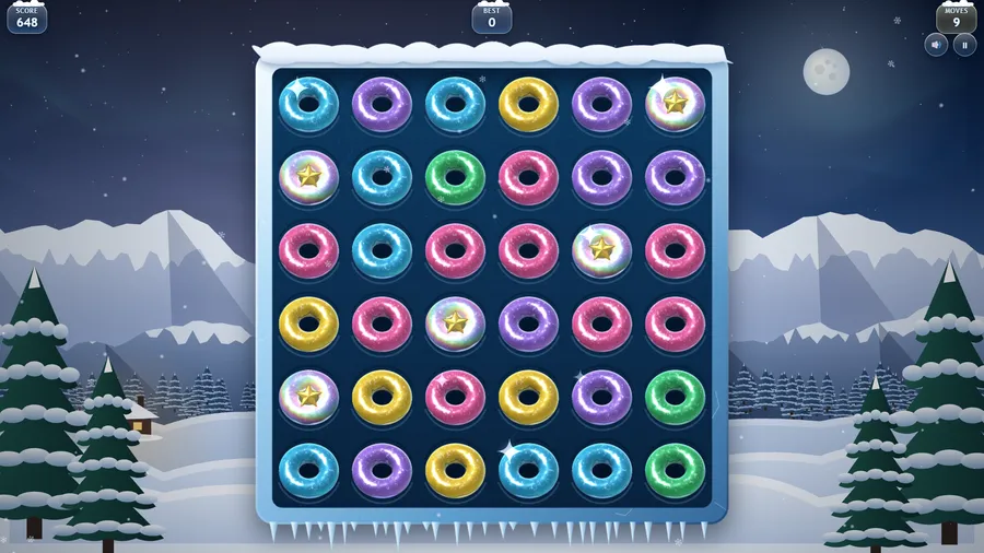 Score 648 with nine moves left on a board dotted with glowing star rings.