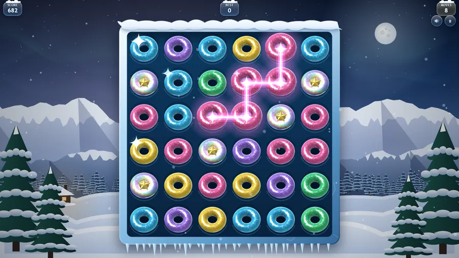 A pink chain of five rings lit up in a zigzag as the score reaches 682 with 8 moves left.
