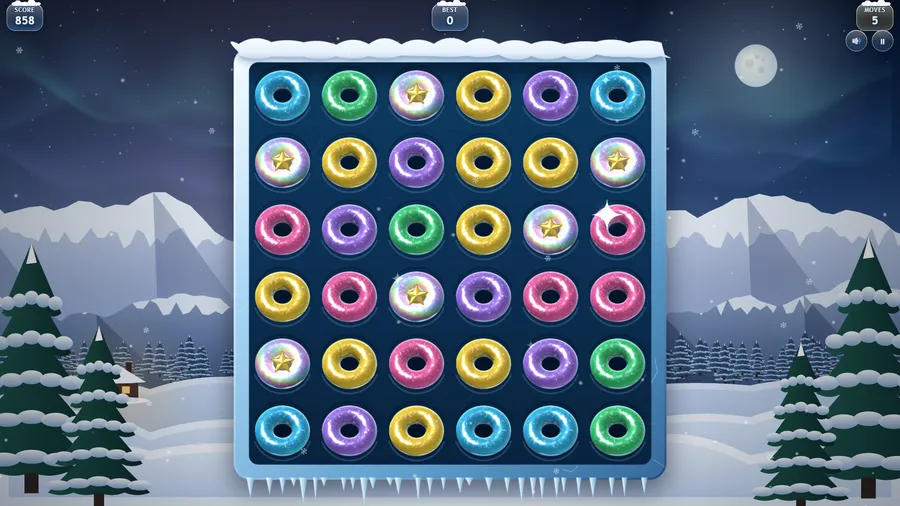 Late in the round: score 858 with five moves left and many star rings waiting on the board.