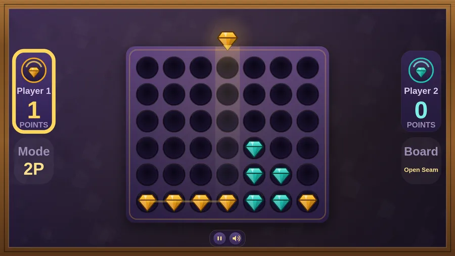 A seven-column rack with a line of four gold gems along the bottom; Player 1 has 1 point, Player 2 has 0, mode 2P