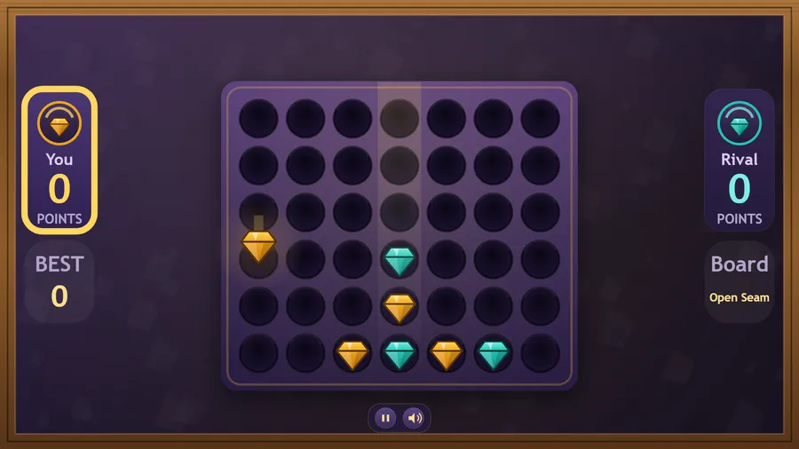 The opening drops on the Open Seam board: a gold gem falls down the left side, You and Rival both at 0 points.