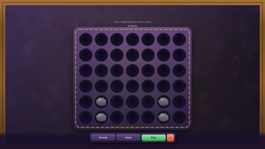 The Board Editor: four grey stones in an empty rack, with Preset, Clear and Play buttons below