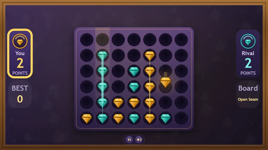 A vertical line of four teal gems glows as a point is scored, You 2 against Rival 2.