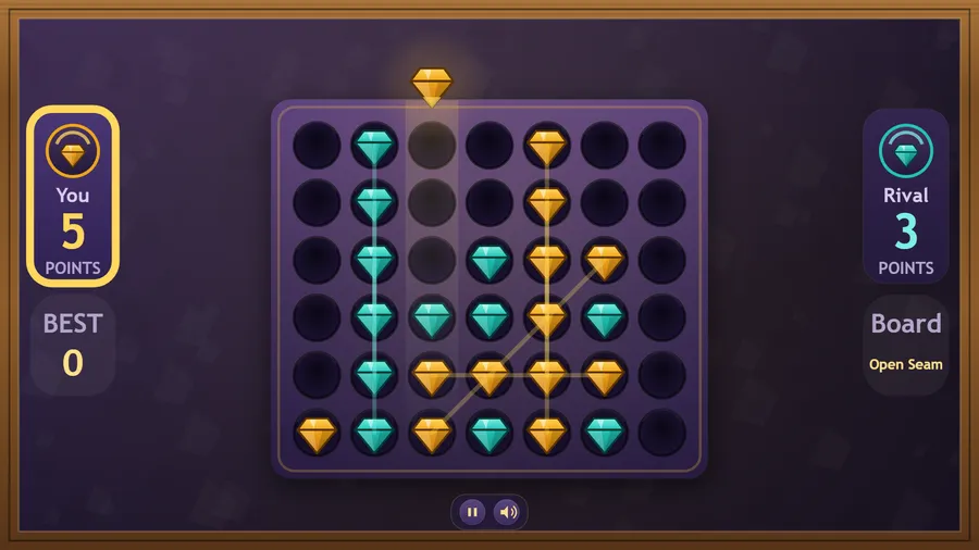 Several lines drawn across a crowded board in gold and teal, with You leading 5 to 3 and a gem about to drop.