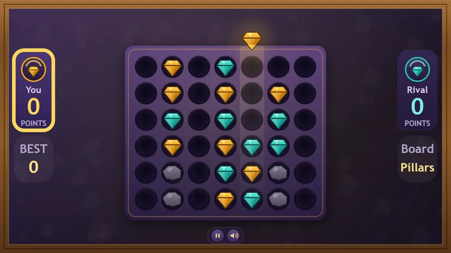 The Pillars board with grey stone sockets, gold and teal gems stacking and the rival "Thinking...".