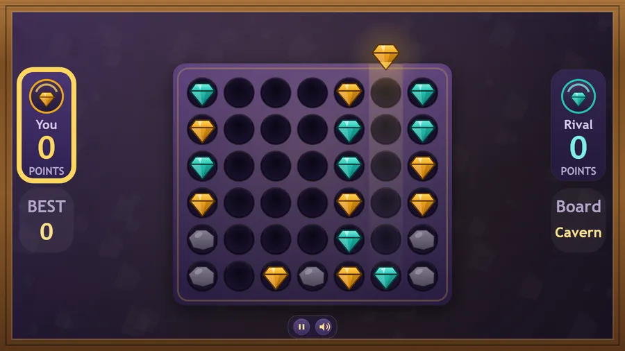 The Cavern board with stone sockets along the edges and a gold gem about to drop into the middle column.