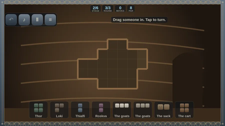 Stage 2/6: an empty cross-shaped room to fill, with pieces for Thor, Loki, Thialfi, Roskva, the goats, the sack and the cart