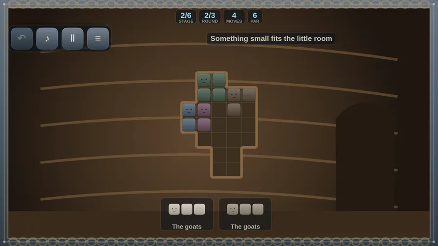 Stage 2/6, round 2/3: the room part-filled with coloured blocks, two goat pieces left and the hint Something small fits