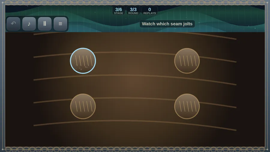 Stage 3/6: four round seams on a brown wall, the top-left one ringed, with the hint Watch which seam jolts
