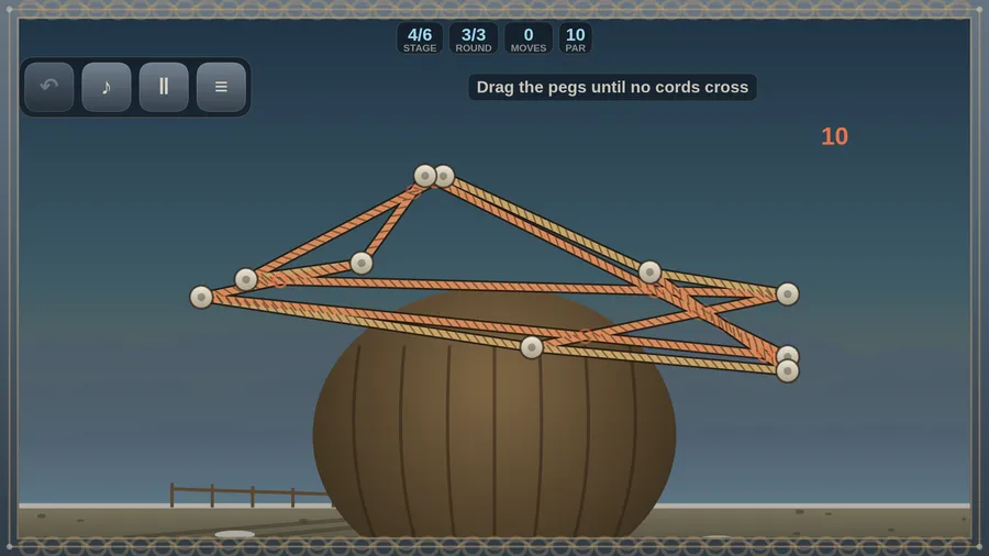 Stage 4/6: crossing cords strung between pegs above a giant round sack, par 10, hint Drag the pegs until no cords cross