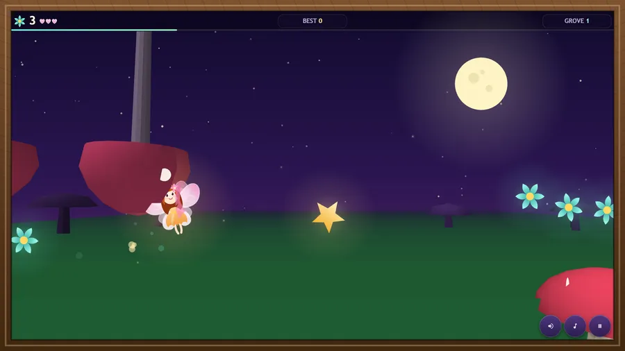 Grove 1 with a golden star ahead of the fairy and a hanging red mushroom cap overhead, 3 blossoms collected.
