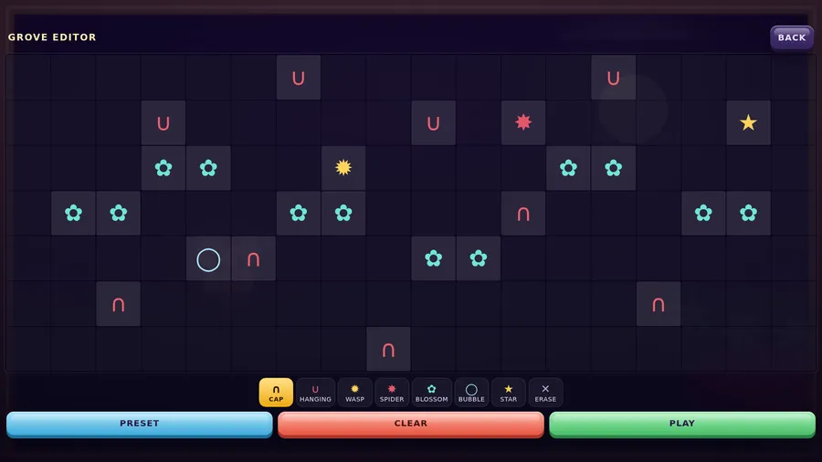 The Grove Editor grid with caps, hanging caps, a wasp, a spider, blossoms, a bubble and a star, above Preset, Clear and Play