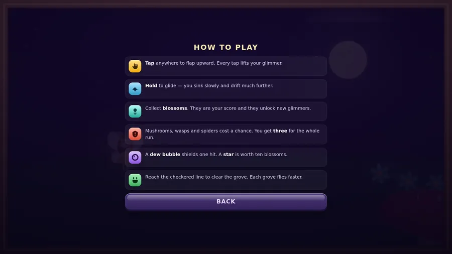 The How to Play panel with six rules, from tapping to flap upward to reaching the checkered line, and a Back button