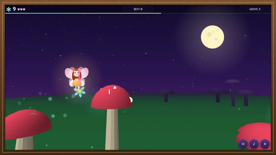 Grove 3 with the fairy beside a tall red mushroom and a blossom just caught, 9 collected.
