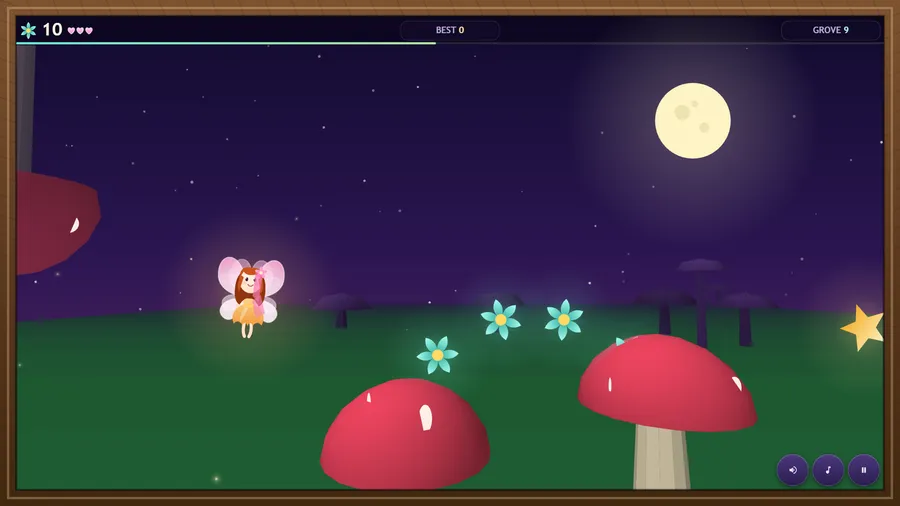 Grove 9 with blossoms trailing toward a red mushroom and a golden star at the edge, 10 collected.