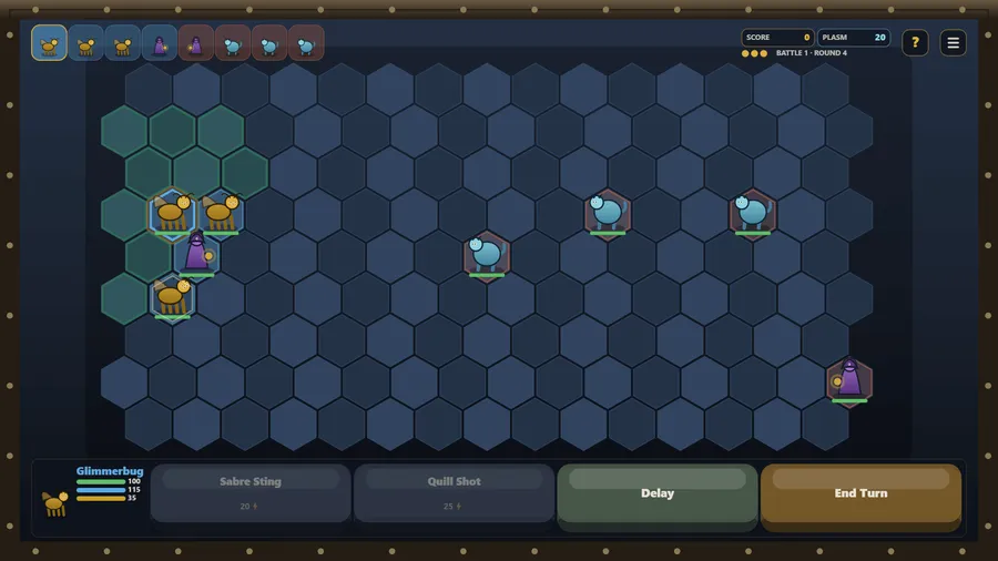 Battle 1, round 4: three gold Glimmerbugs and a Warden face three blue beasts; Glimmerbug selected with Sabre Sting