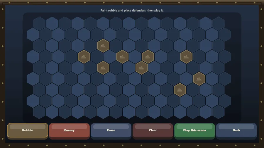 Arena Editor: eight rubble hexes painted across a blue hex grid, over Rubble, Enemy, Erase, Clear, Play this arena and Back