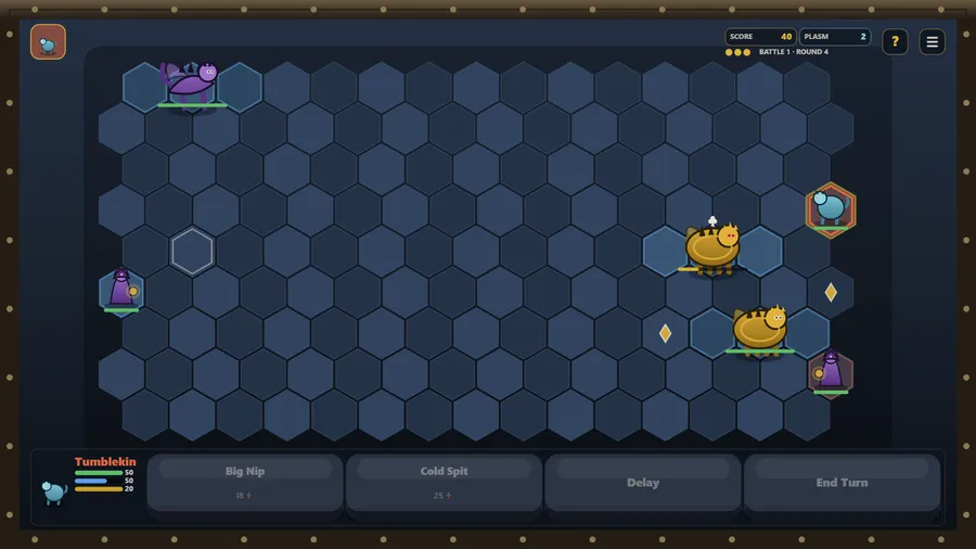 Round 4 of battle 1: two golden beasts press a blue rival while loot gems drop, with the score at 40.