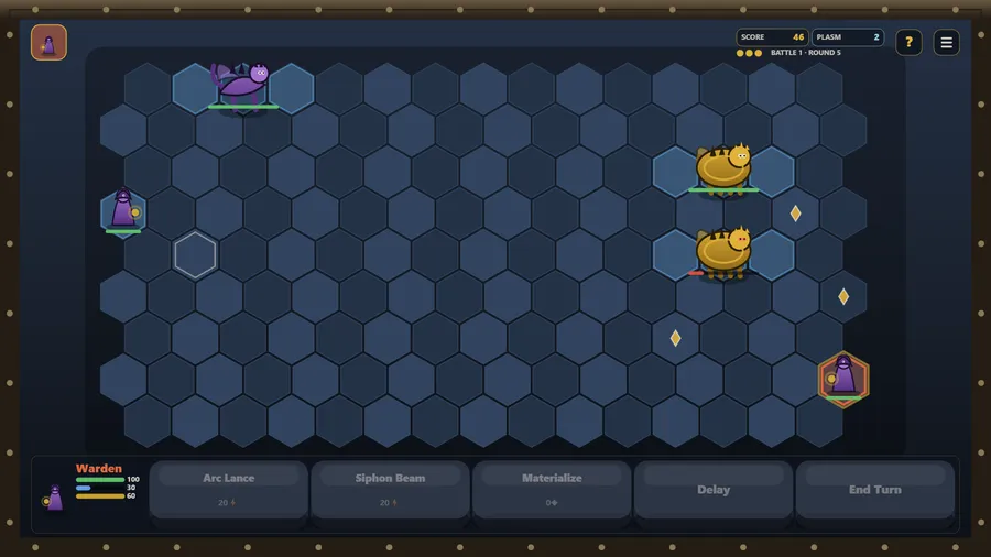 The Warden's turn with Arc Lance, Siphon Beam and Materialize on the bar, beasts spread across the arena.