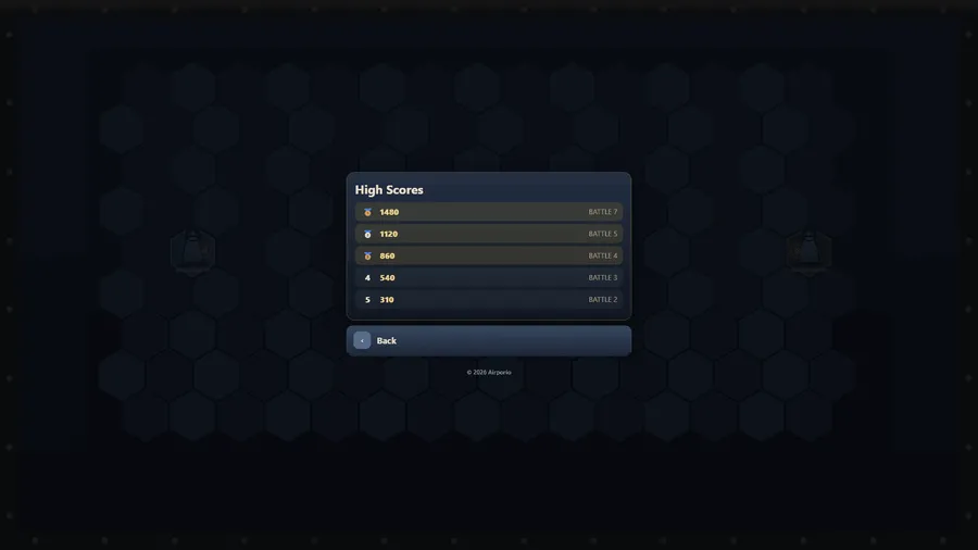 High Scores: 1480 at Battle 7, 1120 at Battle 5, 860 at Battle 4, 540 at Battle 3 and 310 at Battle 2