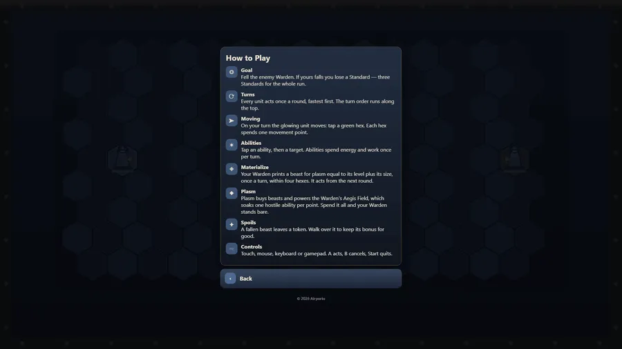 How to Play panel with short rules for Goal, Turns, Moving, Abilities, Materialize, Plasm, Spoils and Controls