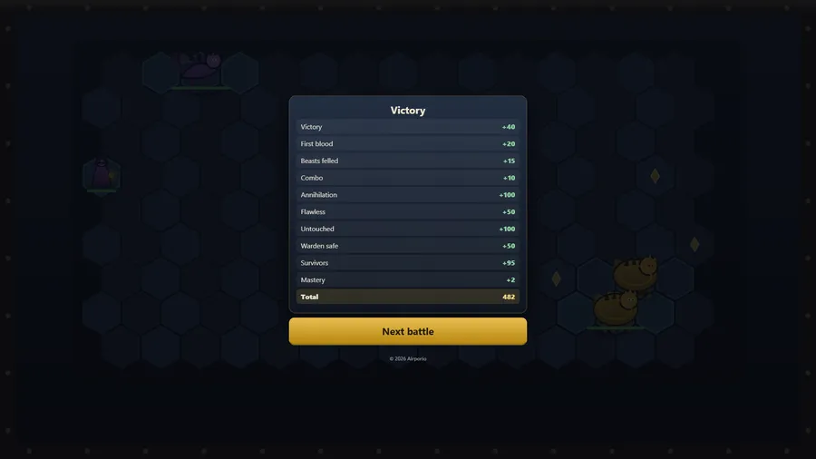 The Victory scoresheet over the arena with bonuses like First blood and Flawless, total 482, and a Next battle button.