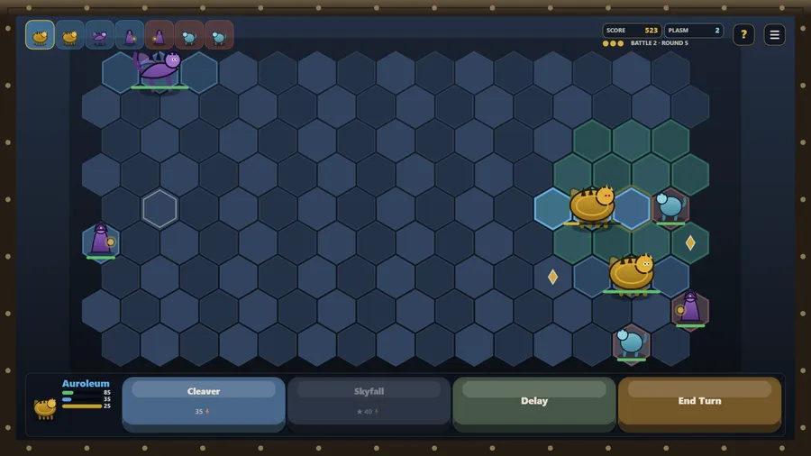 Battle 2, round 6: golden beasts cluster on the right with a Cleaver ability ready and the score at 534.