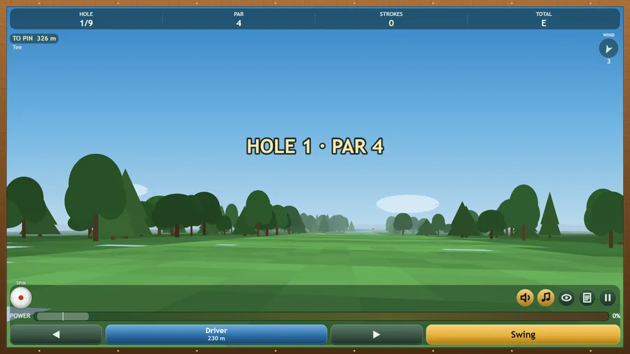 Behind the ball on a tree-lined fairway under a Hole 1 · Par 4 banner; 326 m to pin, 0 strokes, Driver 230 m, wind 3