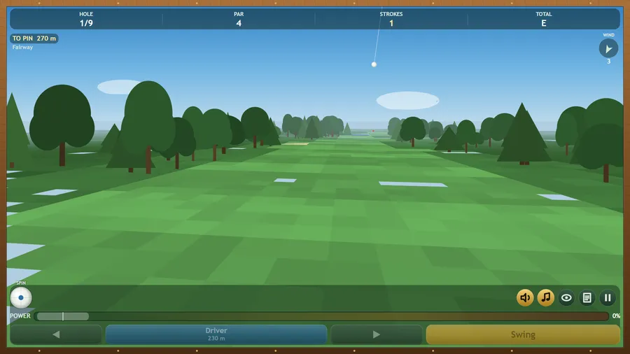 The ball in flight trailing a white line above a tree-lined fairway; 1 stroke, 270 m to pin, lie Fairway, wind 3