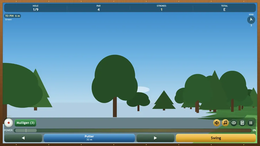 A low view on the green, 6 m to pin, facing trees over pale grey-blue ground; Putter 32 m and a Mulligan (3) button