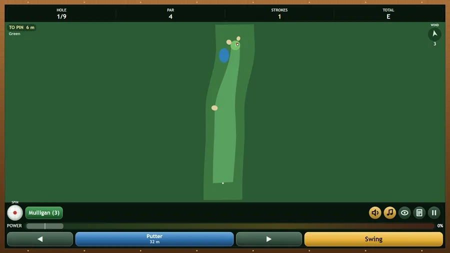 Map view of hole 1: a long fairway with a bunker, a pond beside the green and the pin; 1 stroke, 6 m to pin