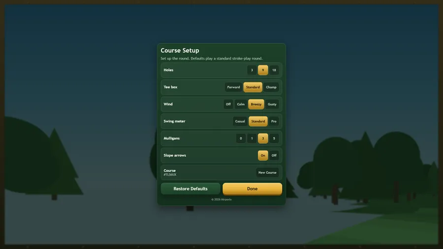 Course Setup panel: Holes 9, Tee box Standard, Wind Breezy, Swing meter Standard, Mulligans 3, Slope arrows On