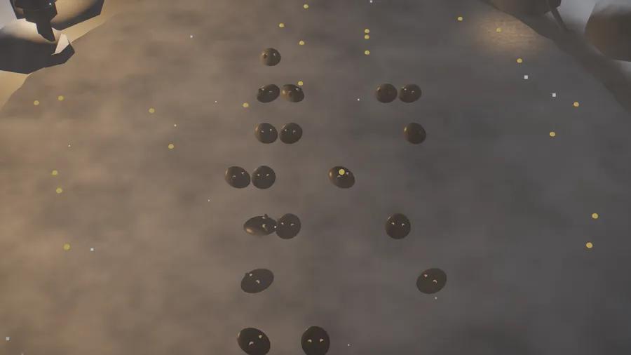 Small dark round creatures in pairs and rows on a misty brown slope, with yellow specks drifting around them