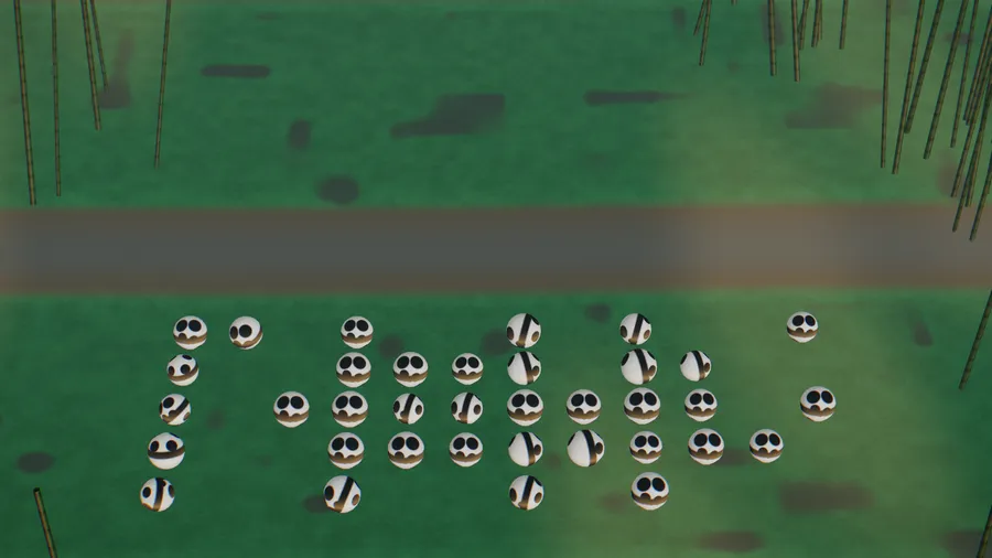 Round panda heads in loose rows on a green terraced slope beside a dirt path and bamboo stalks