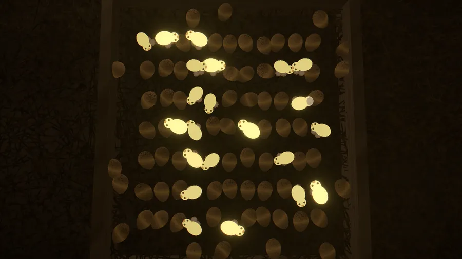 Glowing yellow chicks among rows of brown eggs in a dark wooden box