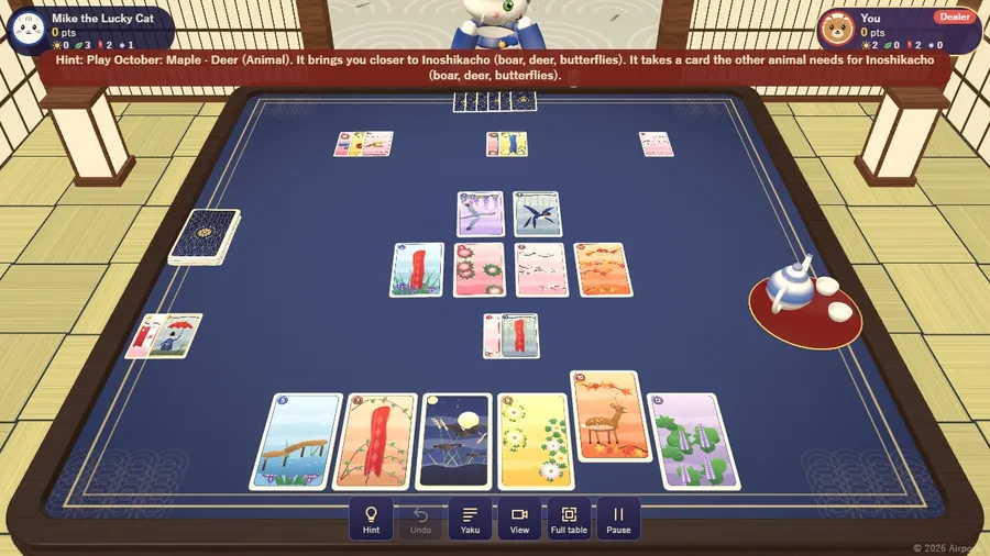 Midgame hint: the suggested card is lifted and its table match glows, with a line saying why it is the best play.