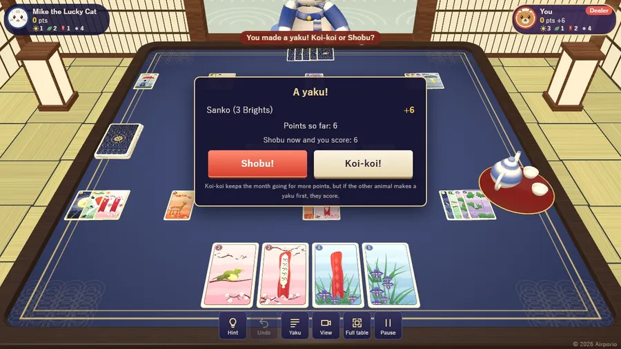 The koi-koi or shobu choice: a yaku was just made, with buttons to stop and score or keep going for more.