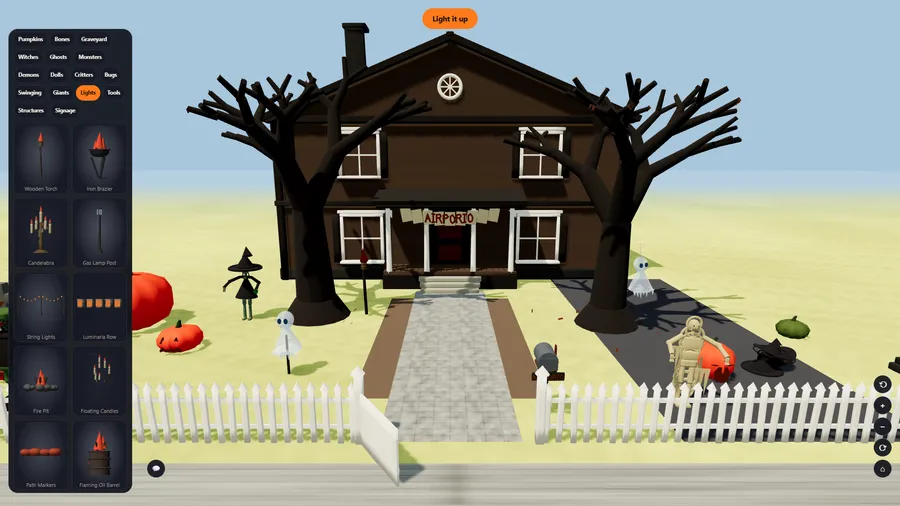 A closer view of the yard with a witch, ghosts, a torch and a skeleton, and the Lights shelf open on the left
