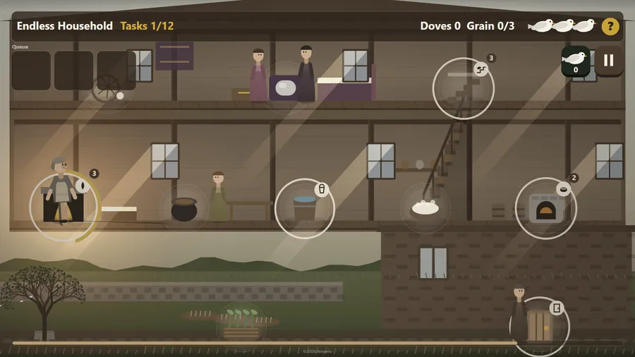 Endless Household: a cutaway two-storey house with rooms ringed by circles, Tasks 1/12, Doves 0 and Grain 0/3 at the top