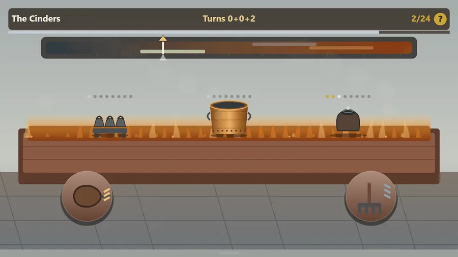 The Cinders stage: a heat bar above a long hearth holding a rack, a bucket and a pot, with Turns 0+0+2 and 2/24